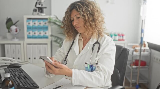 Woman doctor holding smartphone and tapping screen, stethoscope visible, seated at desk with computer in a medical building clinic; professional focus.