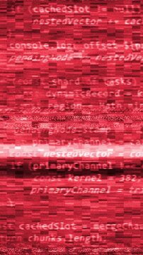 Corrupted source code on a red CRT screen with datamoshing and RGB channel split. Abstract glitch background of distorted programming text, scan lines and digital signal noise for overlay