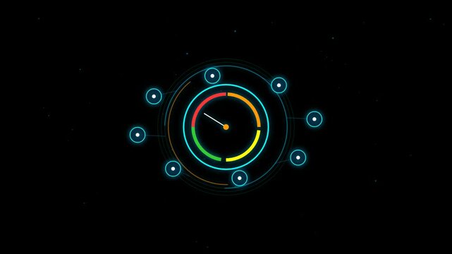 Abstract digital gauge or speedometer interface with colorful circular segments and glowing light nodes on a dark background for technology and data visualization concepts 4k Motion Video