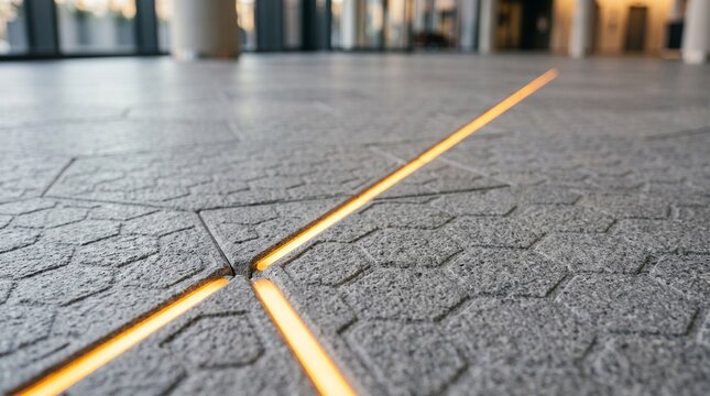 Modern floor surface with hexagonal patterns and glowing recessed lighting
