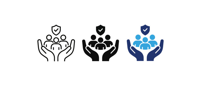 Insurance hands people shield security protection safety care coverage icon set. Vector illustration
