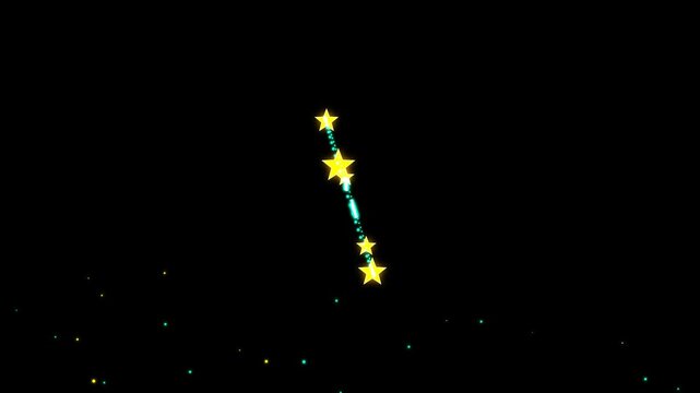 Neon glowing smiley face icon surrounded by a dotted circle with bright yellow stars on a dark black background 4k Motion Video