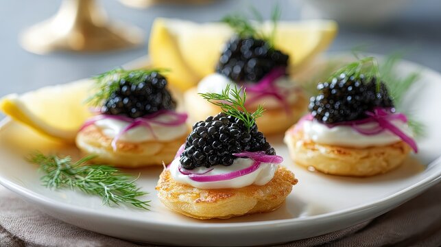 Create an image of a serving of caviar on top of mini blinis. Each blini has a dollop of cool cr&Atilde;&uml;me fra&Atilde;&reg;che and a spoonful of glistening black caviar on top. 