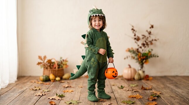 Happy toddler boy wearing cute soft green dinosaur costume standing on wooden floor holding plastic pumpkin bucket for halloween trick