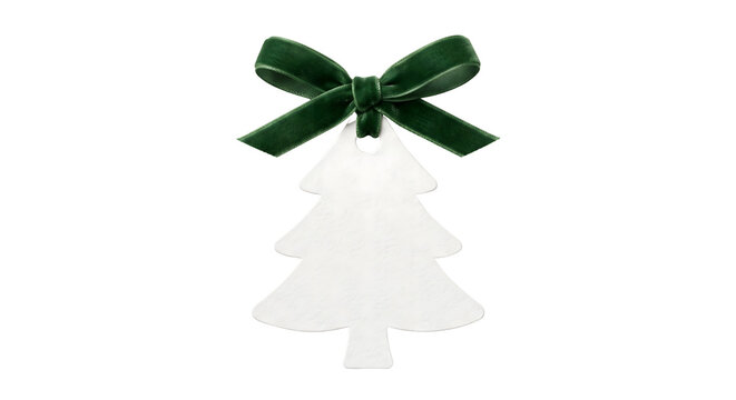 White christmas tree shaped gift tag with green velvet bow