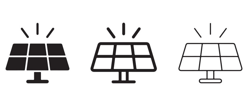 solar panel icons with sun rays emitting from top for renewable energy graphics