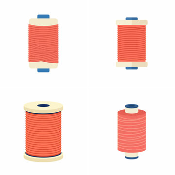 Flat vector set of red sewing thread spools on white background for textile craft and tailoring icons.