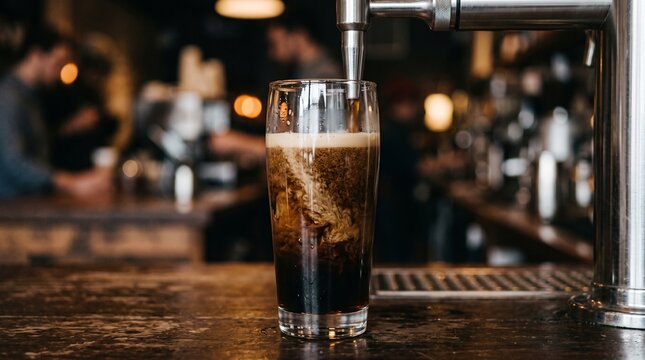 A glass of dark stout beer being poured from a tap in a cozy pub