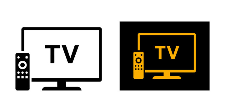 Television and remote control icon set in monochrome and colorful versions