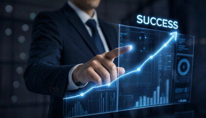 Obraz premium Businessman pointing at rising success trend graph on futuristic virtual touch screen