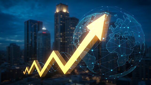 Global business growth concept with rising arrow, city skyline, and digital globe representing economic progress