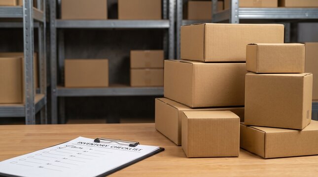 Cardboard boxes stacked on a wooden desk with an inventory checklist in a warehouse with warehouse storage facility next clipboard inventory distribution organization commercial