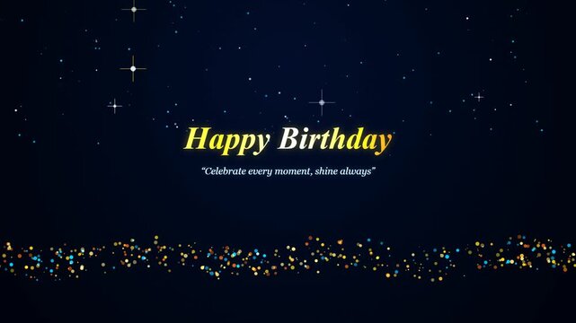 Happy birthday greeting card design with golden text and sparkling stars on a dark blue night sky background for celebration and festive party invitation templates 4k Motion Video
