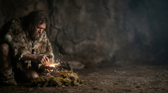 Primitive Man Ignites Fire with Flint and Tinder in a Dark Cave, Showcasing Ancient Survival Skills and the Dawn of Human Ingenuity