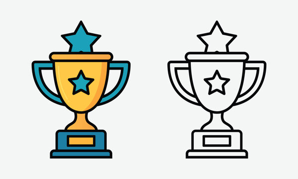 Winner Trophy Cup Outline and Color Icon Set