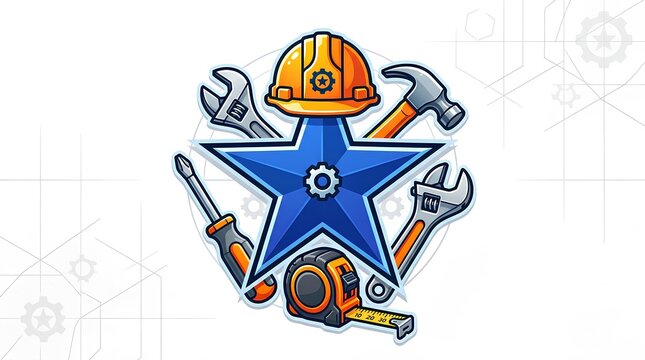 Labor and construction icon with star and tools.