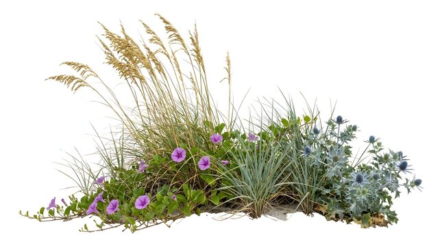 Fresh garden flower bed arrangement with purple morning glories and tall ornamental grass