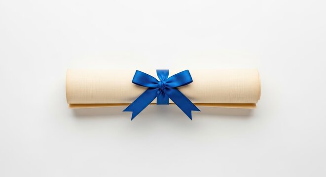 Rolled paper diploma scroll with blue ribbon bow on white.