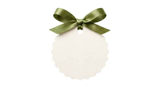 Scalloped round paper tag with olive green silk bow on transparent background