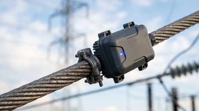 Industrial sensor attached to high voltage power line on transmission tower