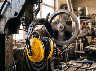 Fototapeta premium Industrial Safety Workshop Hearing Protection Gear, Yellow Black Earmuffs on Machine, Noise Control Equipment, Workplace Safety Precaution, Mechanical Shop Protective Essentials
