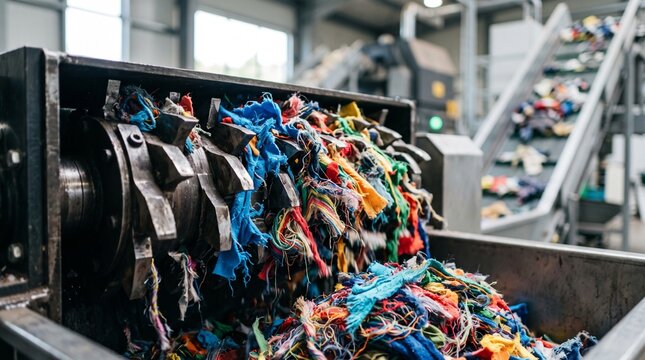 Industrial textile shredder machine processing colorful clothing waste