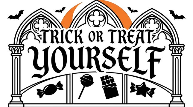 Halloween candy and sweets with gothic arch framing and bats during night concept