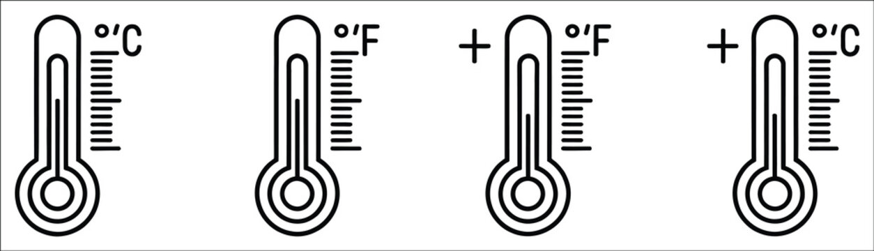 Thermometer temperature icon set, weather and climate measurement symbols featuring outline thermometers for heat, cold, forecast and environmental monitoring