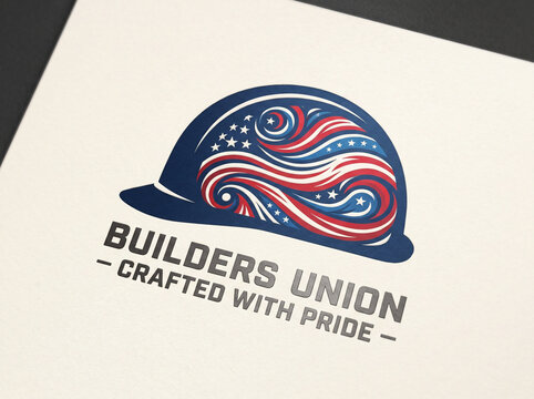 Graphic logo design of a builders union hard hat featuring abstract red white and blue swirls on white textured background with bold grey text.