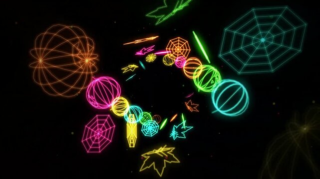 Abstract neon glow halloween pattern with glowing spider webs and pumpkins on a dark background for festive party decoration and digital graphic design wallpaper 4k Motion Video