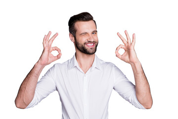 Fototapeta premium Portrait of positive cheerful confident man broker economist man approve ideal advert promotion show ok sign wink wear white shirt isolated over gray color background