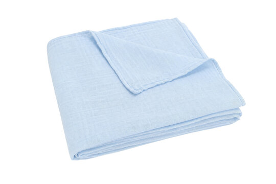 Soft light blue folded muslin blanket, perfect for babies, lies gently on a clean white background