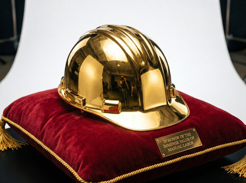 Shiny gold construction helmet sitting on luxury red velvet pillow featuring brass plaque honoring immense value of manual labor work hard concept.