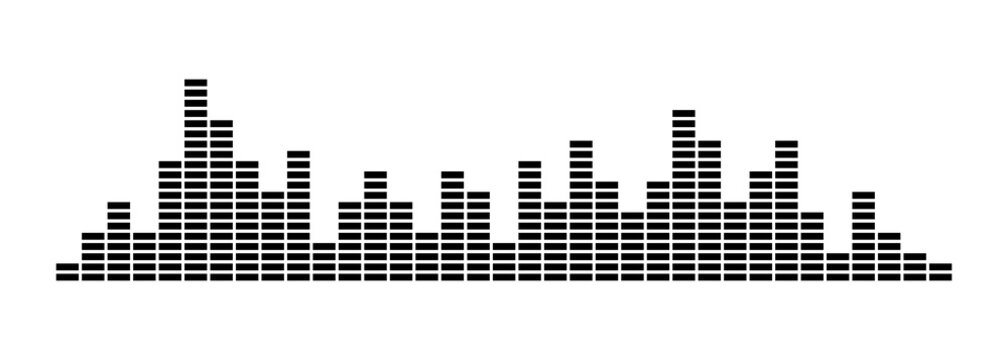 Black equalizer sound wave made from stacked bars on white. Audio spectrum creates a rhythmic digital pattern. Ideal for music, podcasts, audio technology, websites, posters and modern graphic design.