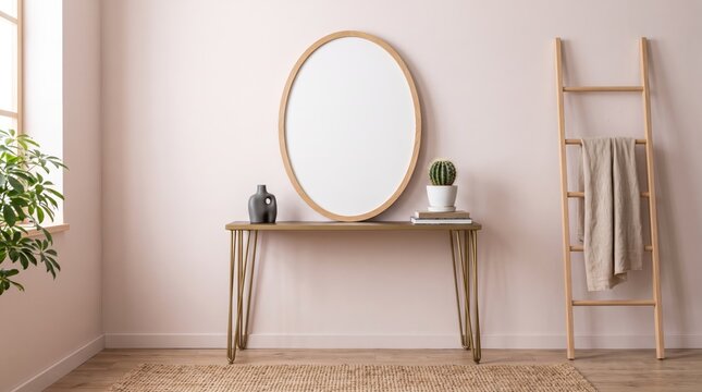 Minimalist interior design of a hallway featuring a wooden console table with metal legs, a large round mirror, a ladder shelf with a towel, and potted plants against a soft pink