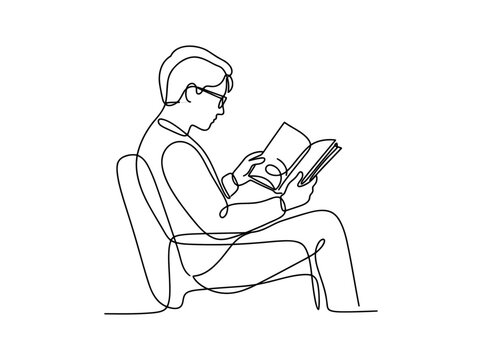 Minimalist continuous line drawing of a person sitting in a chair reading a book, elegant black and white vector sketch