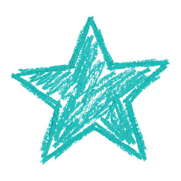 Hand Drawn Teal Star Sketch Isolated on White Background with Messy Crayon Texture and Imperfect Jagged Edges for Creative Projects