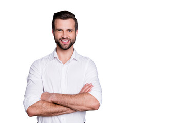 Fototapeta premium Portrait of his he nice attractive content cheerful cheery man employer director corporate expert folded arms isolated over grey violet purple pastel color background