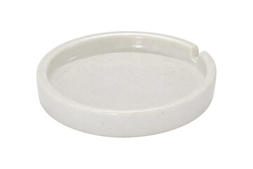 Simple round white ceramic ashtray with a glossy finish and speckled texture, isolated on a clean...