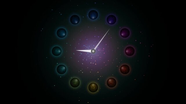 Abstract clock face with glowing colorful spheres arranged in a circle representing time on a dark starry space background like a galaxy or universe concept 4k Motion Video