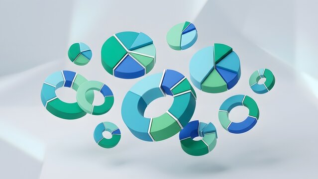 Abstract digital art of floating pie charts and donut charts in various sizes and shades of blue and green