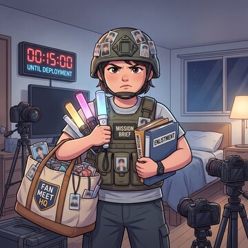 Humorous illustration of an overprepared K-pop fan treating a simple fan meeting like a high-stakes military mission, surrounded by cameras, idol photos, light sticks and tactical gear
