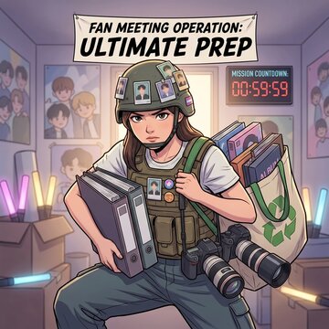 Funny satirical illustration of a K-pop fan carrying albums and camera gear while preparing for a fan meeting with the seriousness of an important military operation