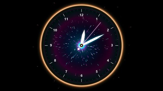 Glowing cosmic clock face with digital particles and space light effects showing time against a dark black background 4k Motion Video