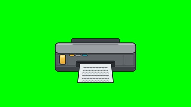 Flat vector printer like the reference on solid chroma green background, no ground shadow: gray rounded printer body with lighter top deck, dark outline, tidy short seam lines and inner shade strips o
