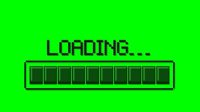 Flat vector retro game UI on solid chroma green background: 8-bit pixel style LOADING text built from square black pixel blocks, slightly smaller, horizontally centered on the bar box and placed close
