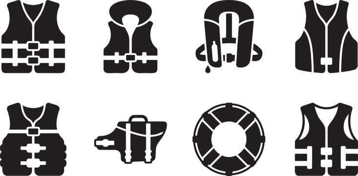 Life jacket marine safety floatation vest icons set