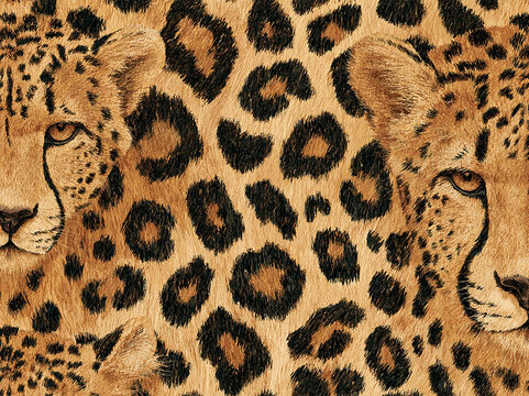Close-up illustration of two cheetahs in a leopard print pattern background Realistic style with emphasis on texture, featuring detailed fur, spots, and facial features Lighting from - AI-Generated