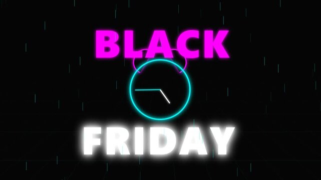 Neon glowing Black Friday text with alarm clock on dark digital background