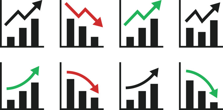 Business growth and decline bar chart icons with colorful trend arrows for market reports.